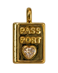 Gold Mini Passport charm with clear heart stone on transparent background