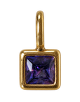 Dark blue violet square stone charm in gold bezel on transparent background