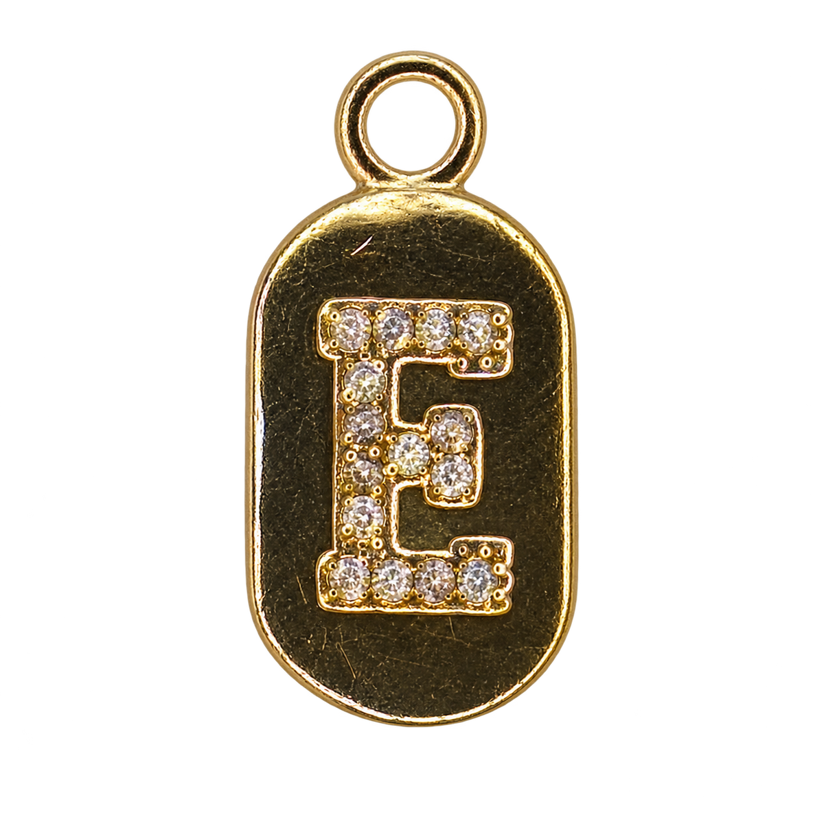 Gold diamond encrusted letter E tag