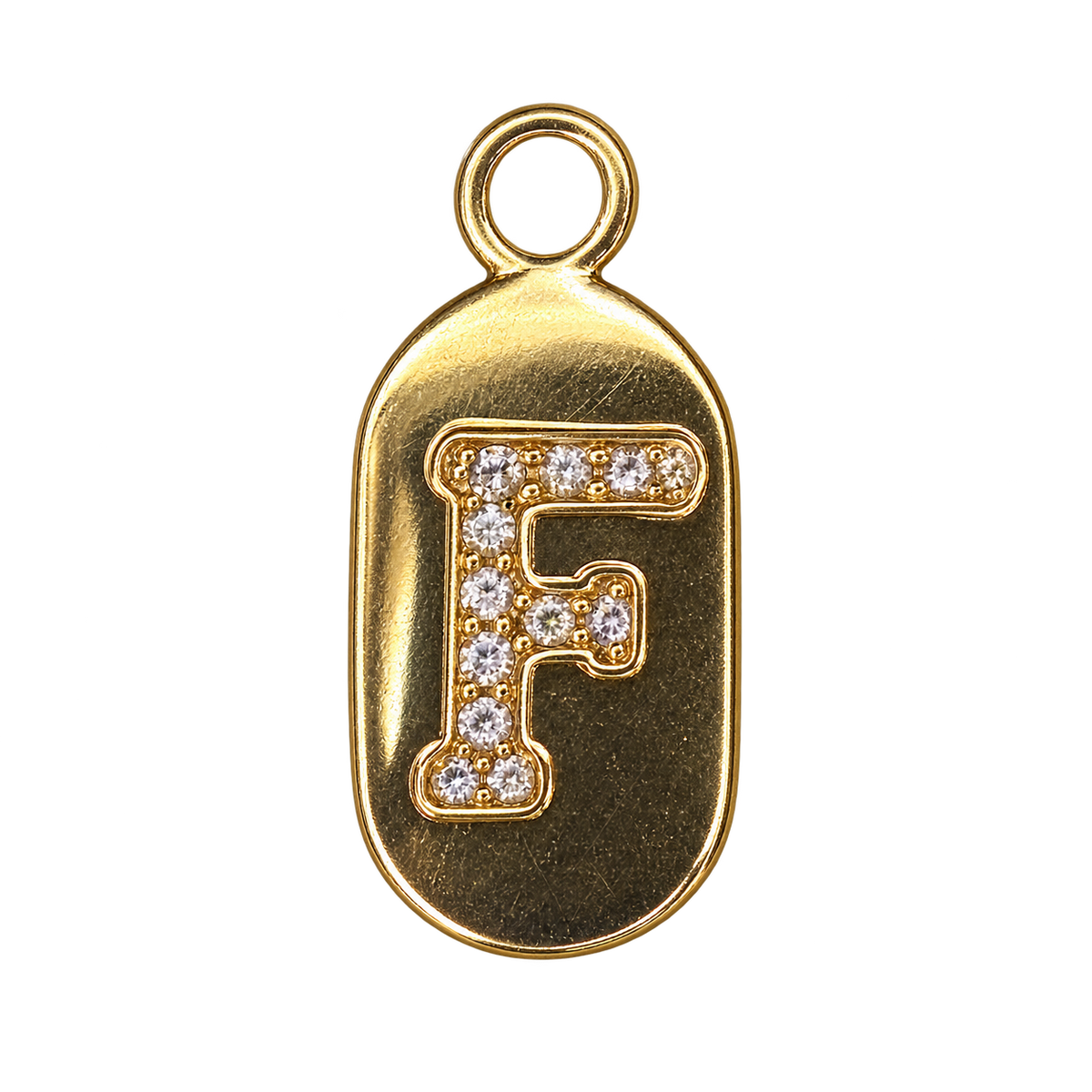 Gold diamond encrusted letter F tag