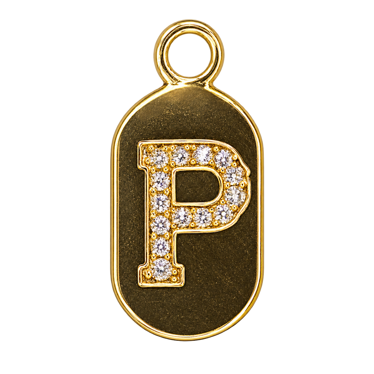 Gold diamond encrusted letter P tag