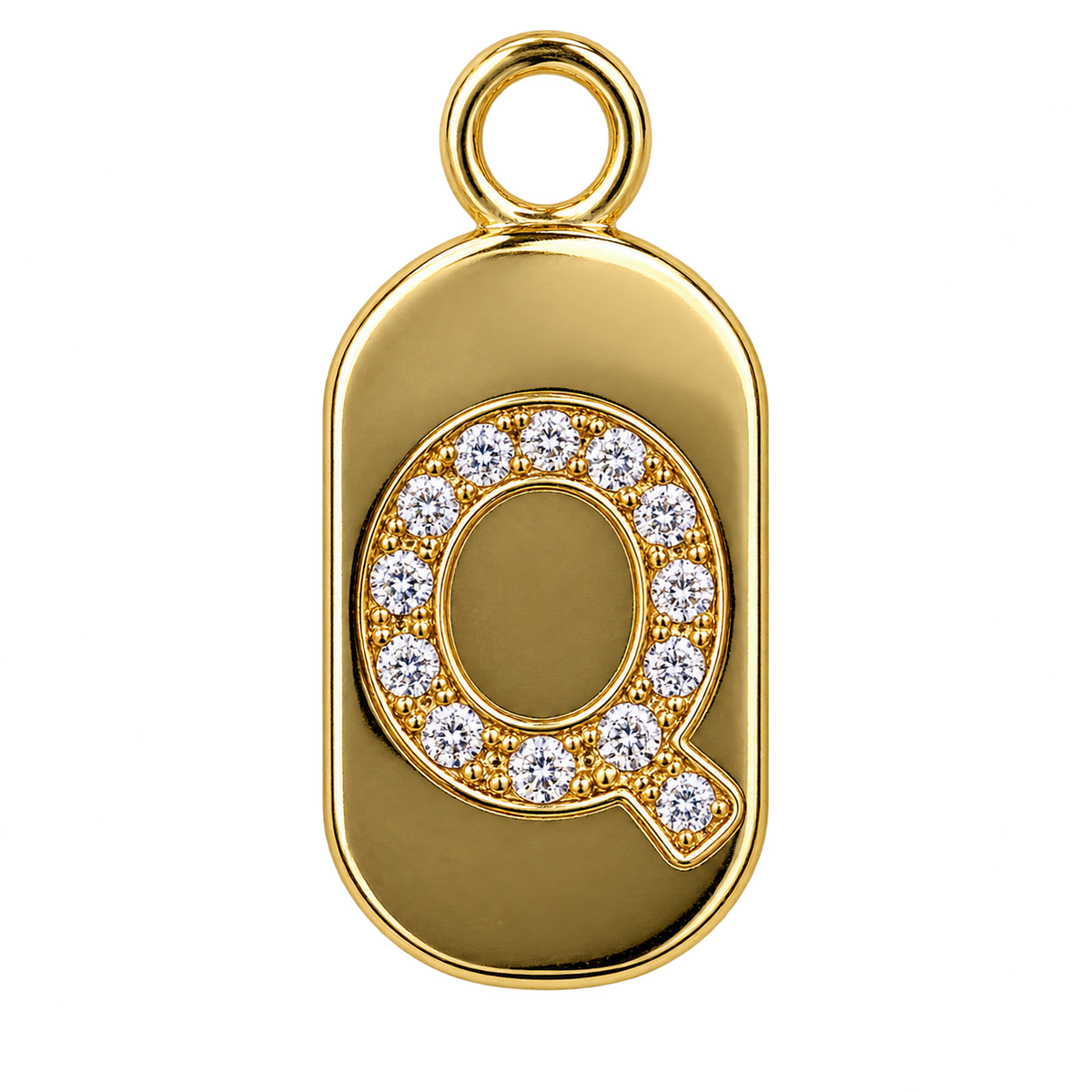 Gold diamond encrusted letter Q tag