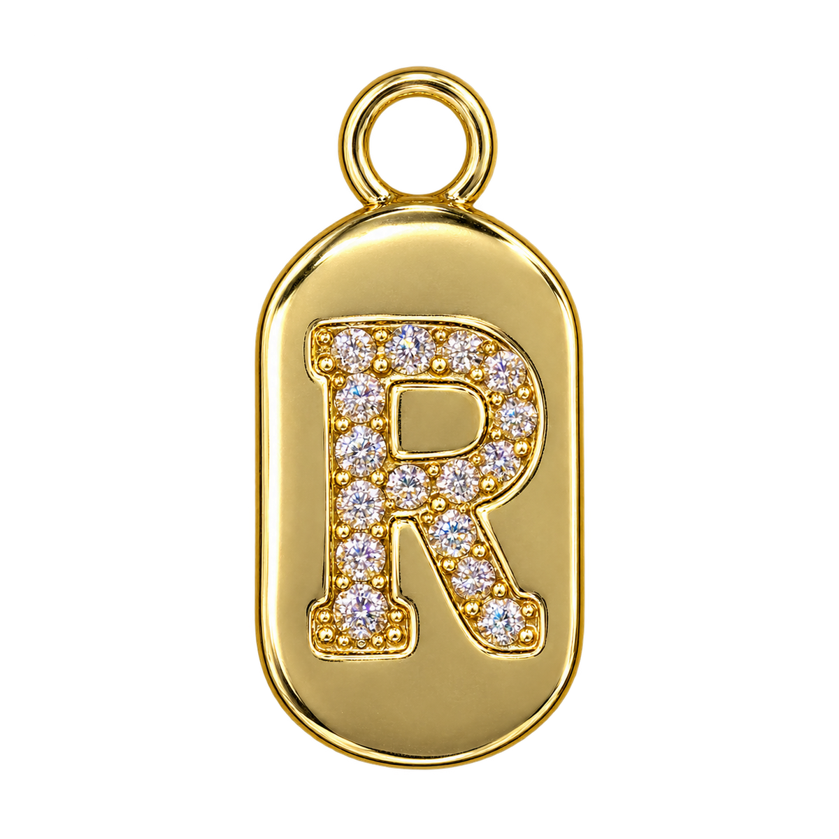 Gold diamond encrusted letter R tag