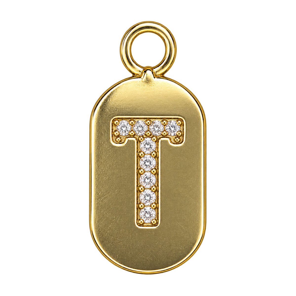 Gold diamond encrusted letter T tag