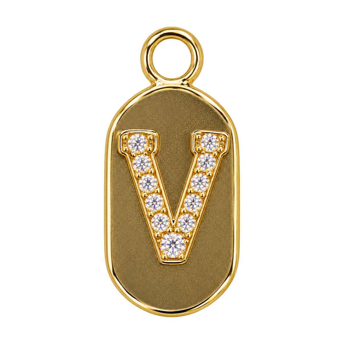 Gold diamond encrusted letter V tag