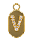 Gold diamond encrusted letter V tag