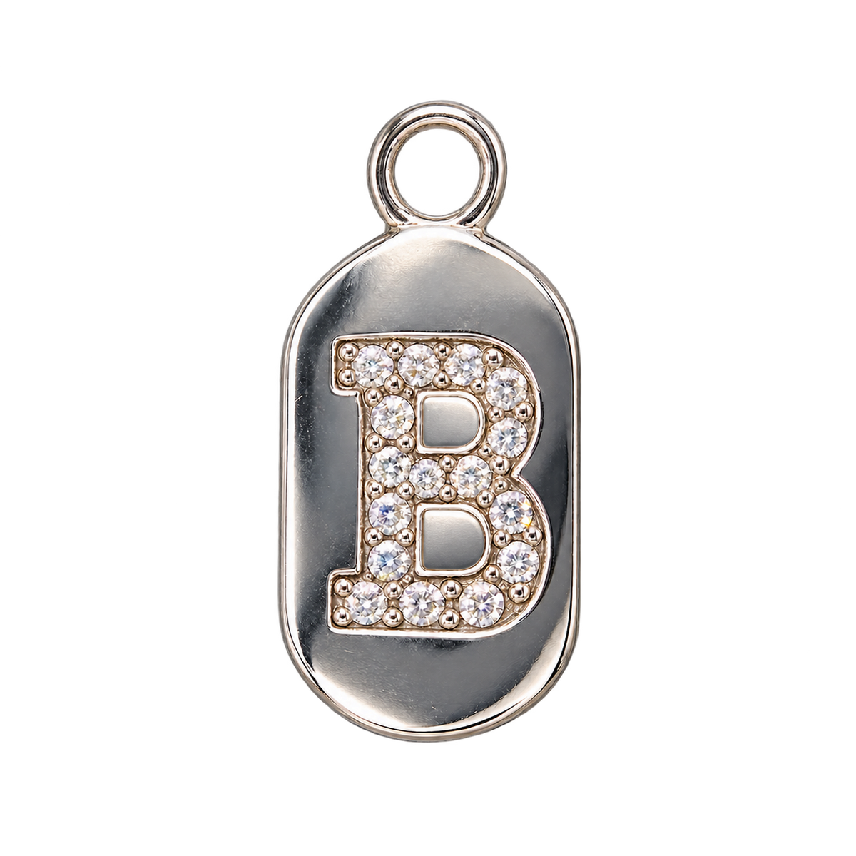 Silver diamond encrusted letter B tag charm