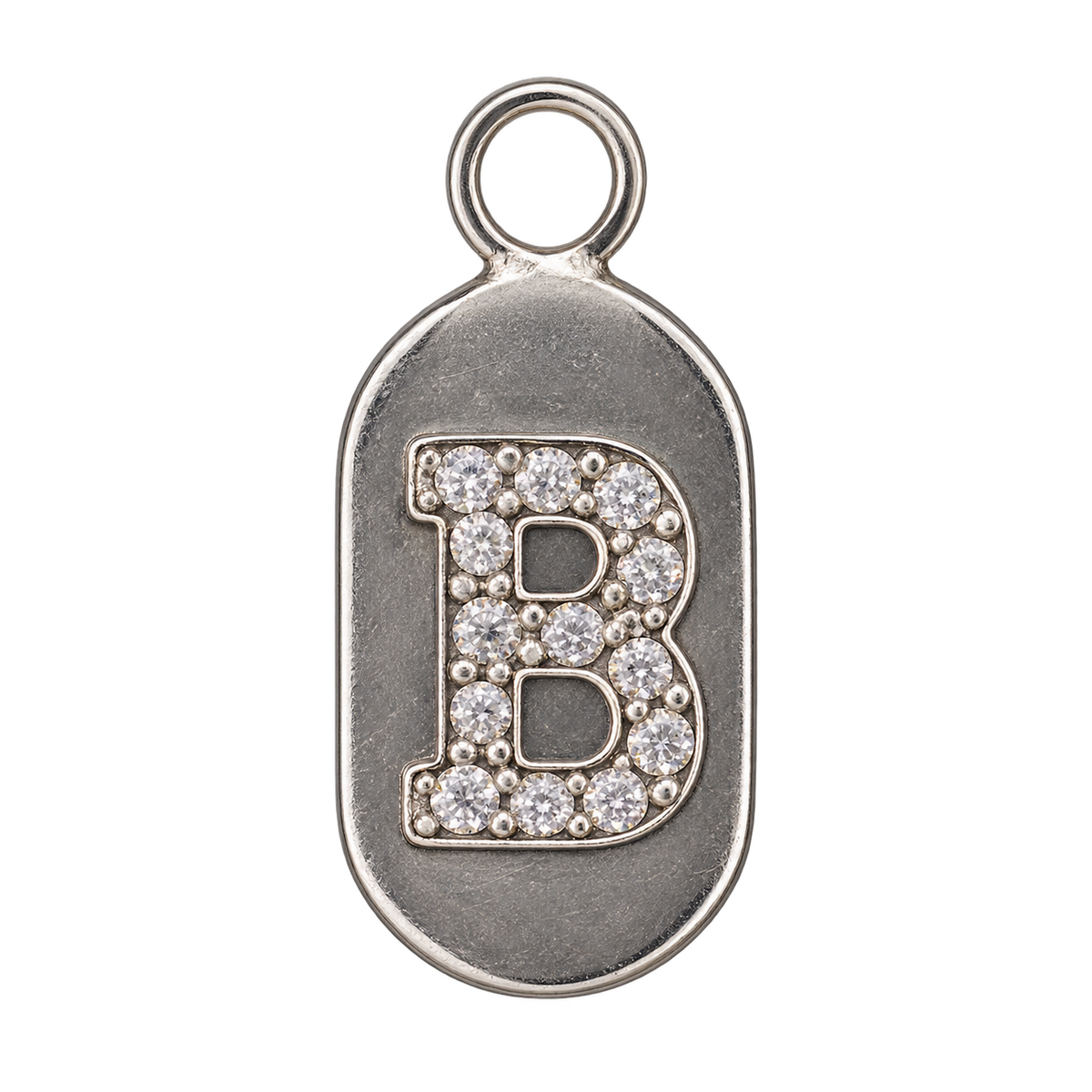 Silver diamond encrusted letter B tag