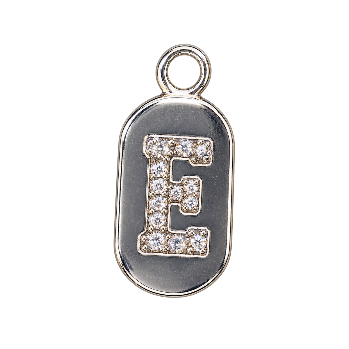 Silver diamond encrusted letter E charm, transparent background