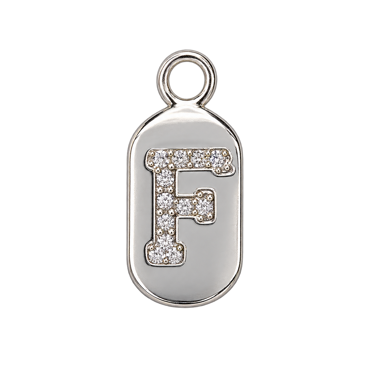 Silver diamond encrusted letter F charm, transparent background