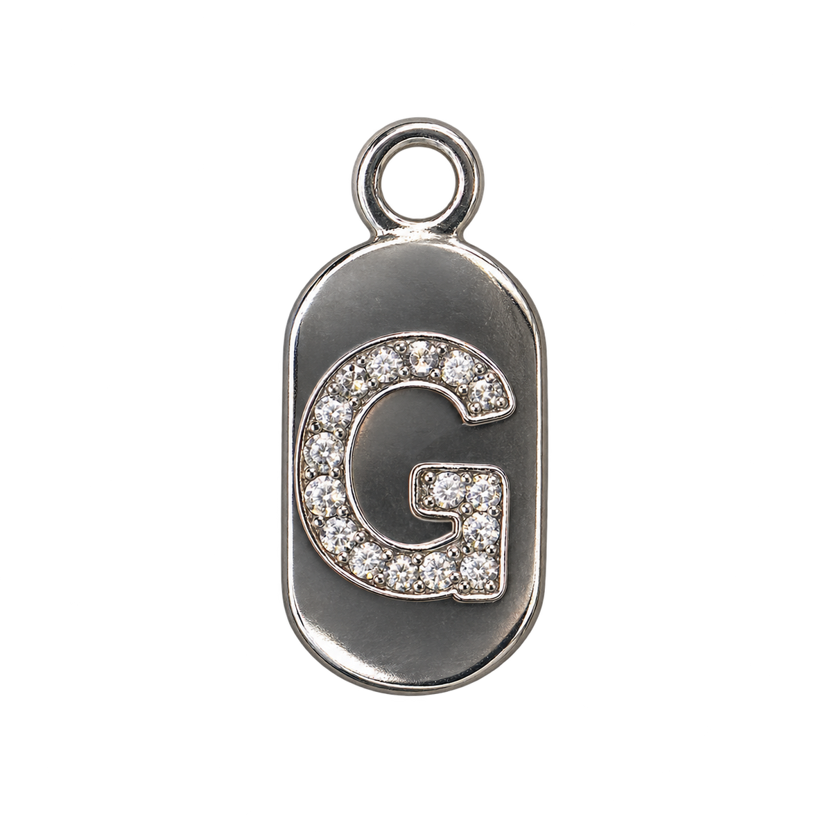 Silver diamond encrusted letter G charm, transparent background