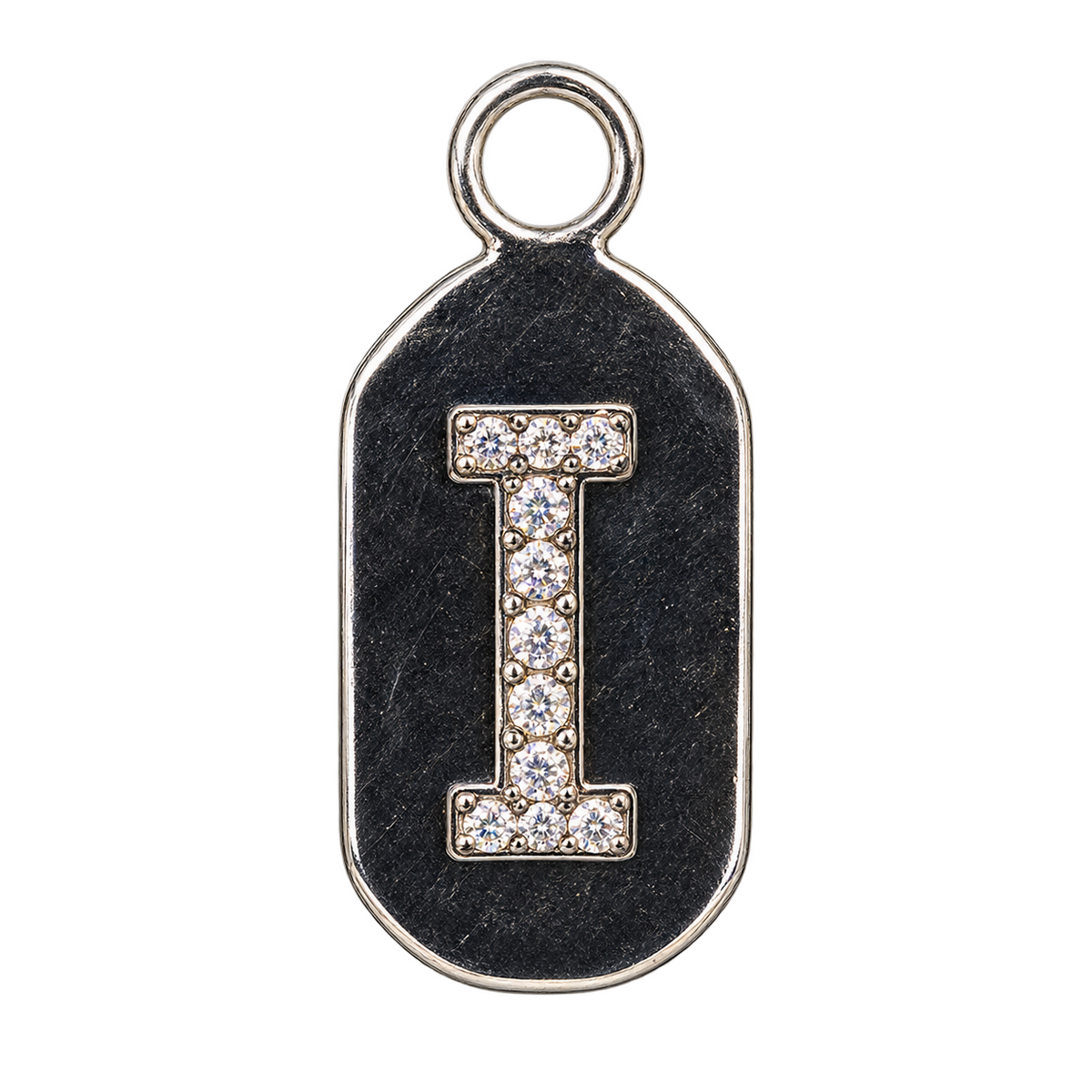 Silver diamond encrusted letter I tag