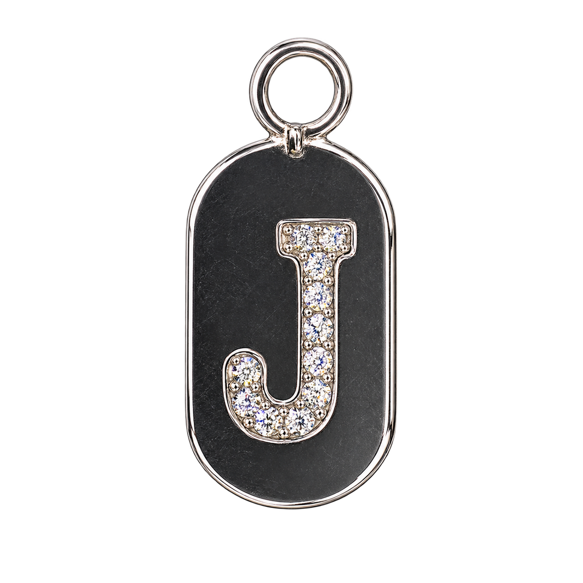 Silver diamond encrusted letter J tag