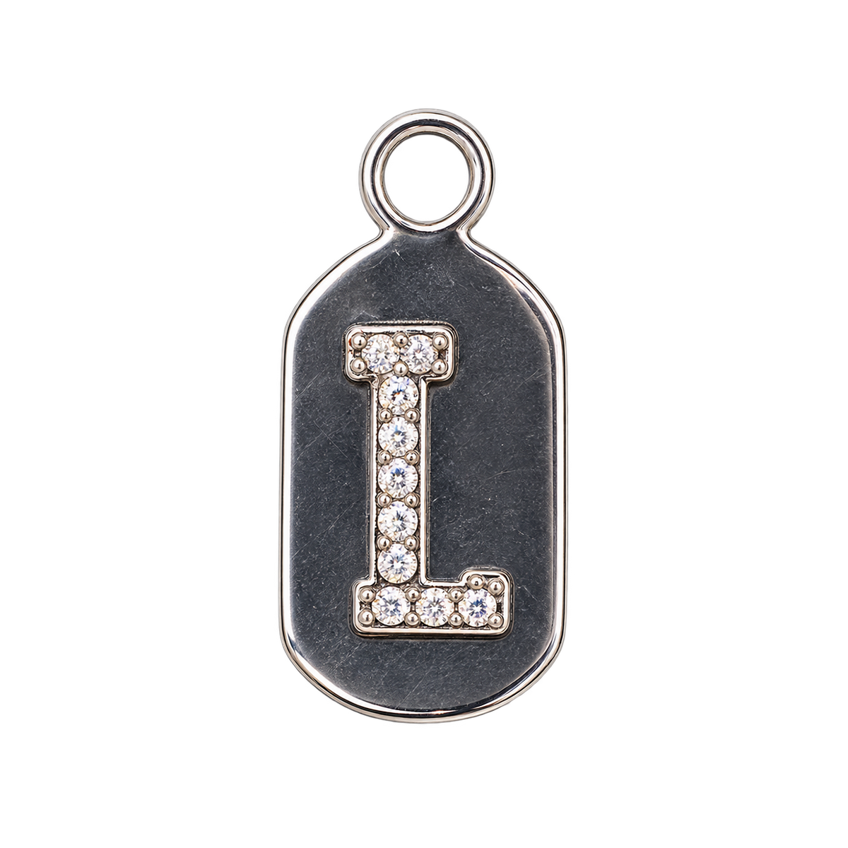 Silver diamond encrusted letter L tag charm