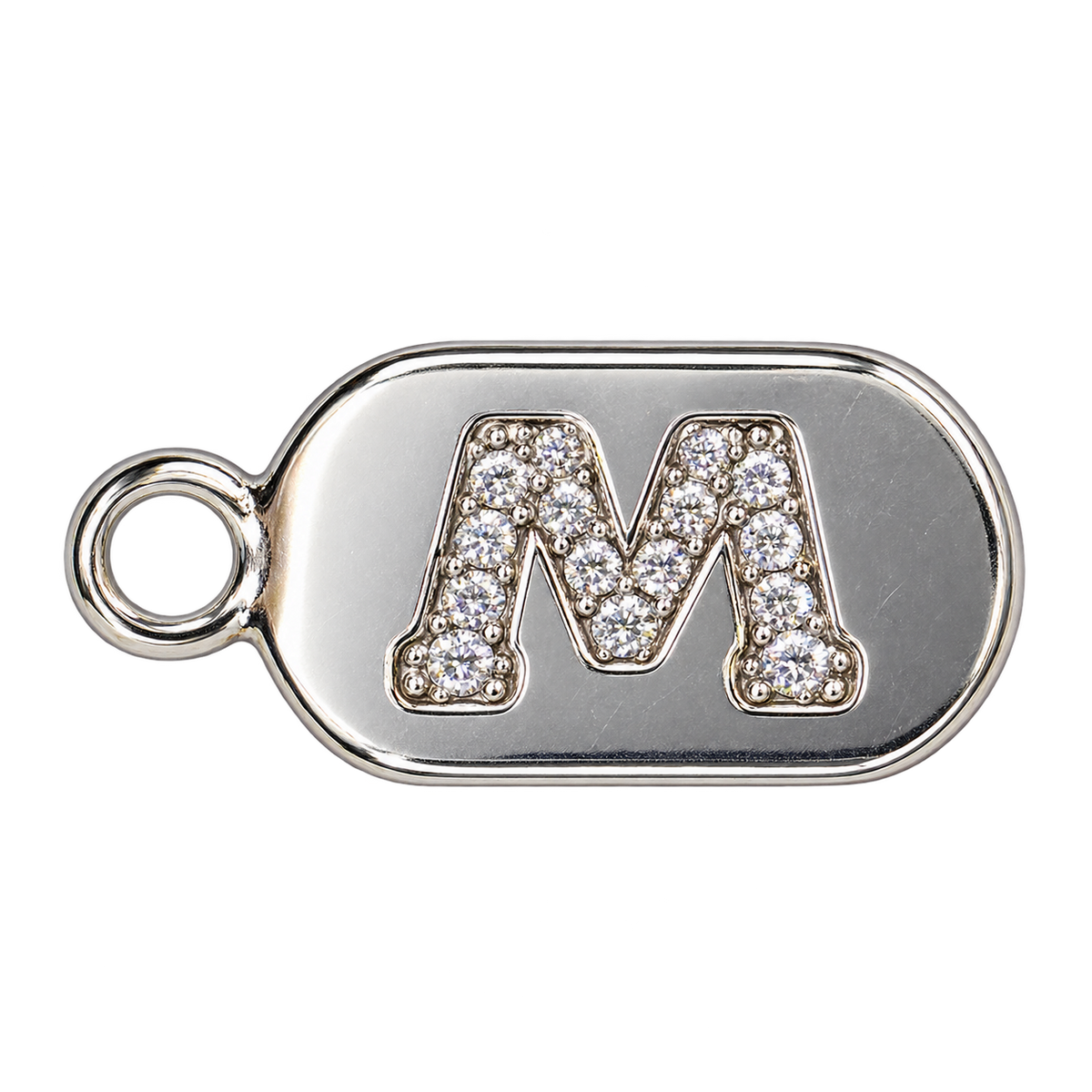 Silver diamond encrusted letter M tag