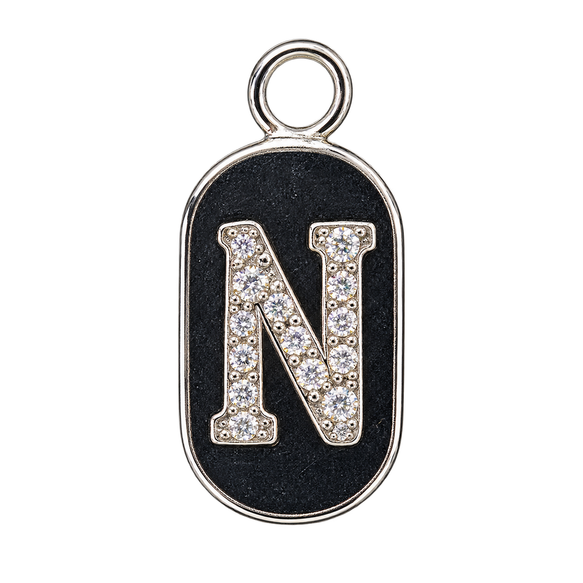 Silver diamond encrusted letter N tag