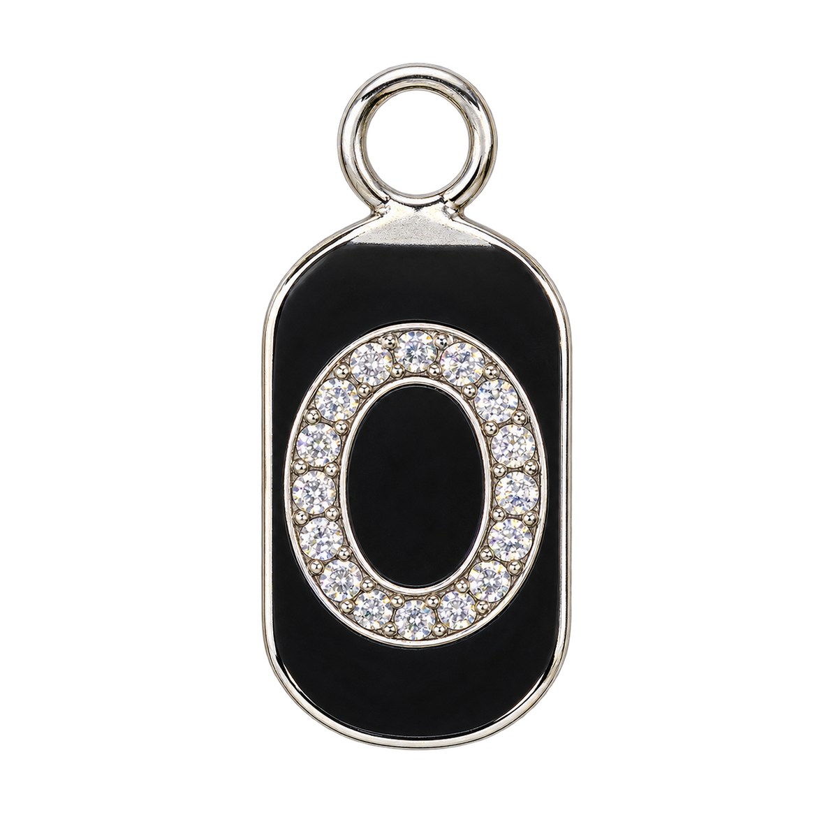 Silver diamond encrusted letter O tag