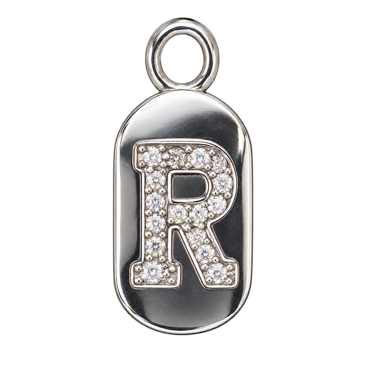 Silver diamond encrusted letter R tag