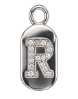 Silver diamond encrusted letter R tag