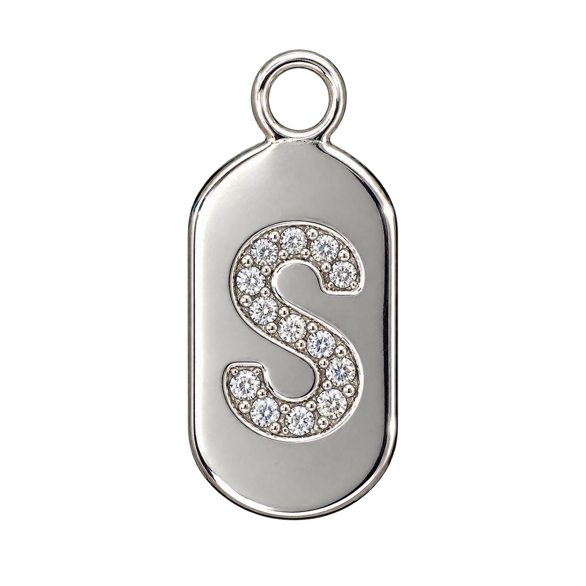 Silver diamond encrusted letter S tag