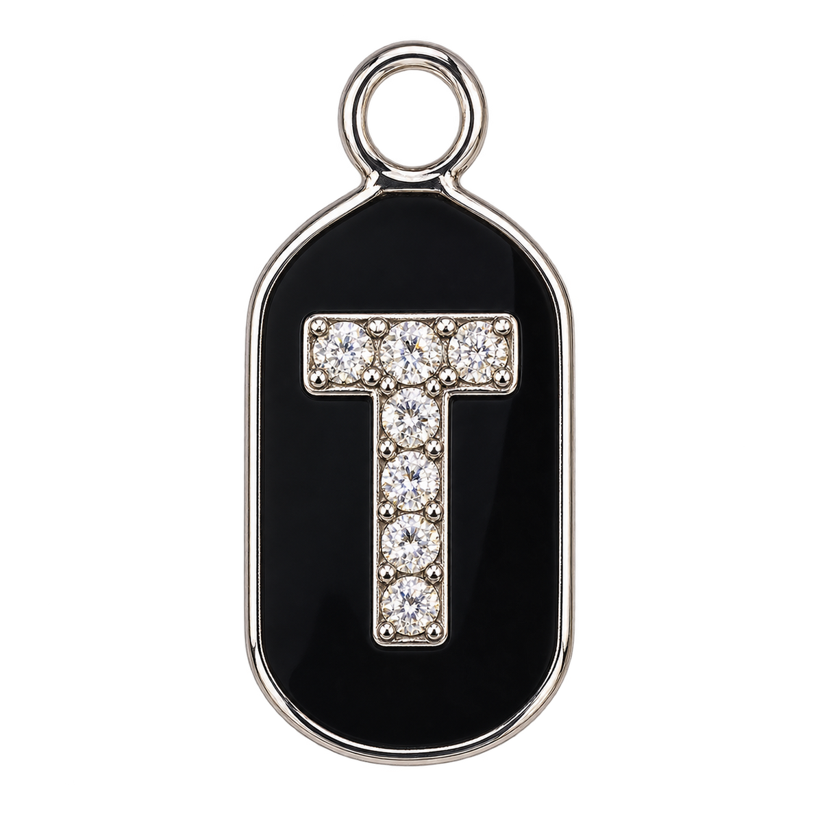 Silver diamond encrusted letter T tag