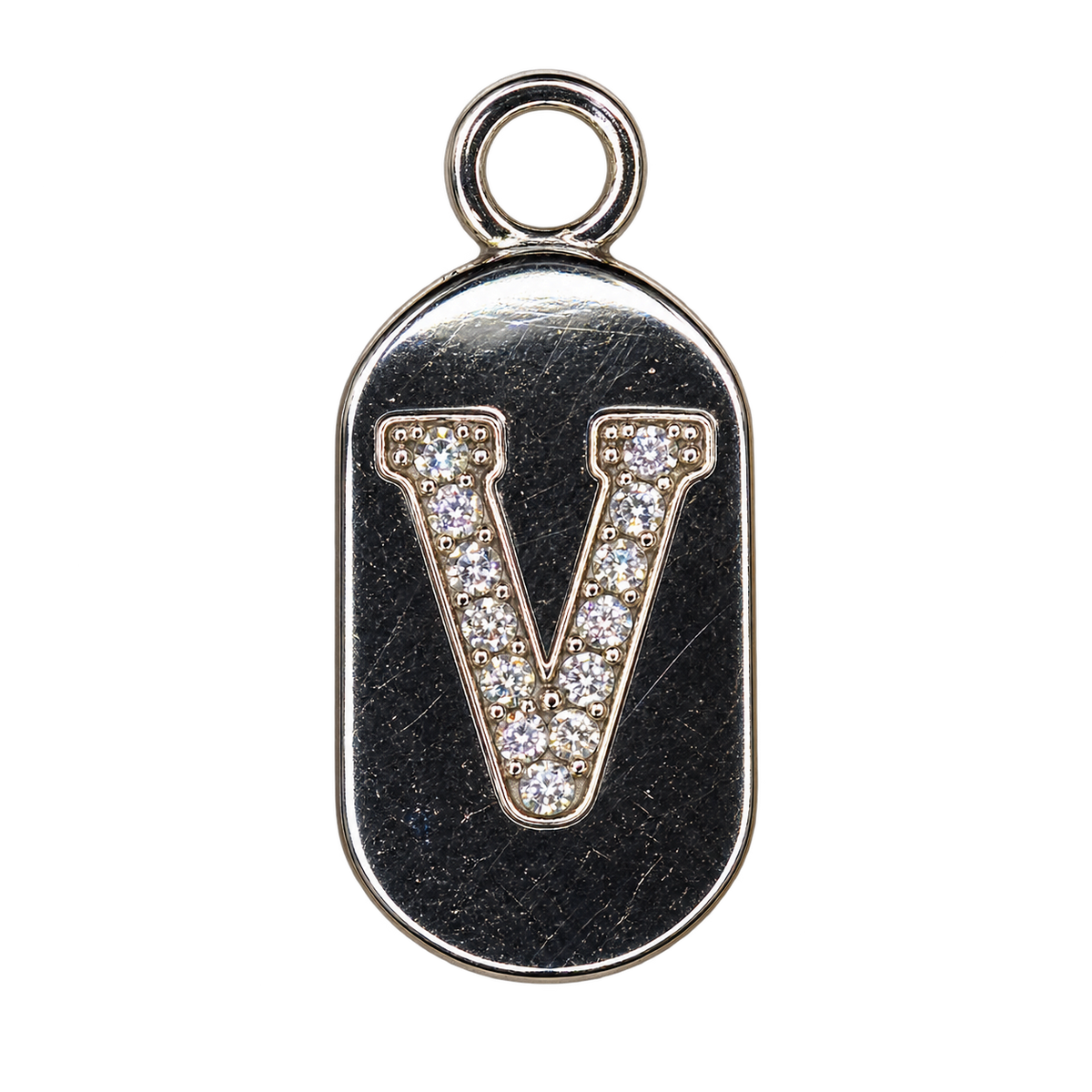 Silver diamond encrusted letter V tag