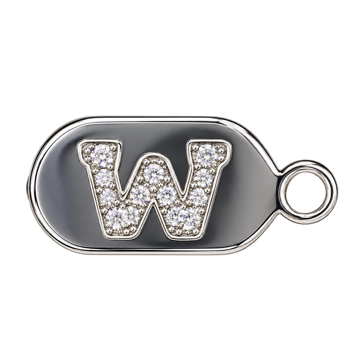 Silver diamond encrusted letter W tag