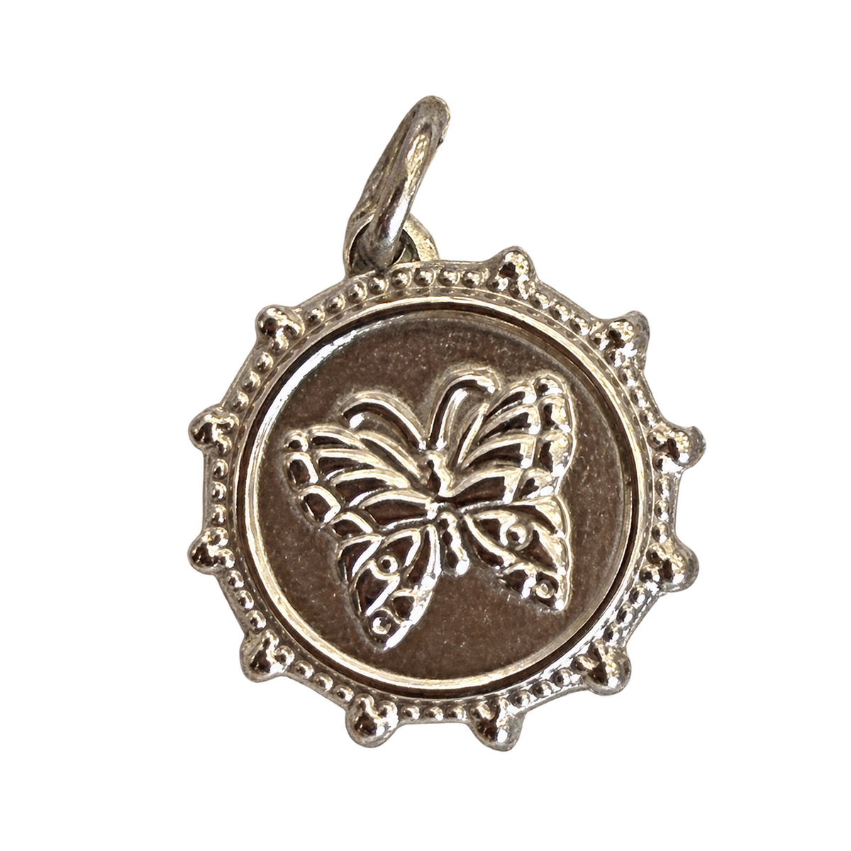 Silver butterfly coin — natural silver charm on transparent background