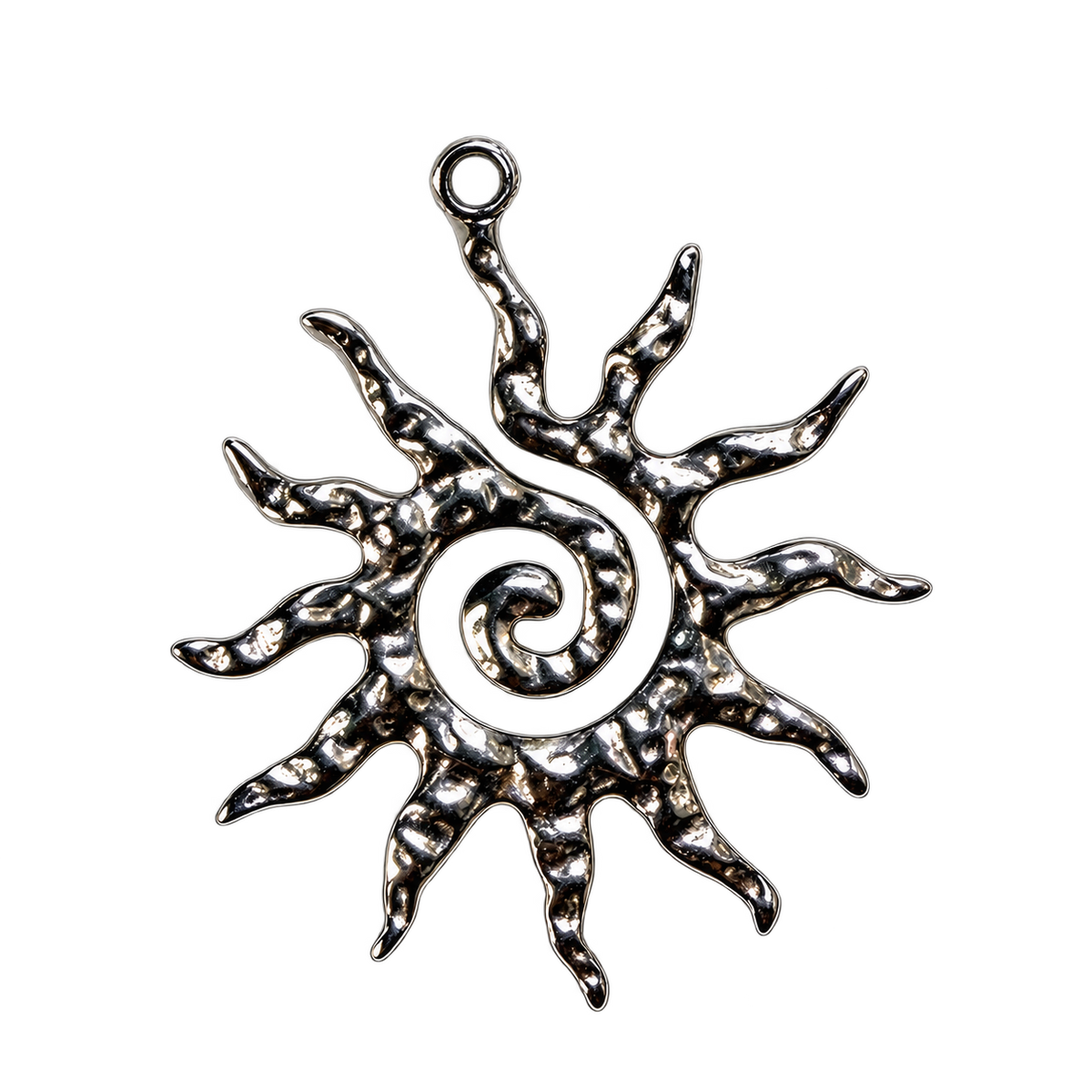 Silver Spiral Sun — natural silver charm on transparent background