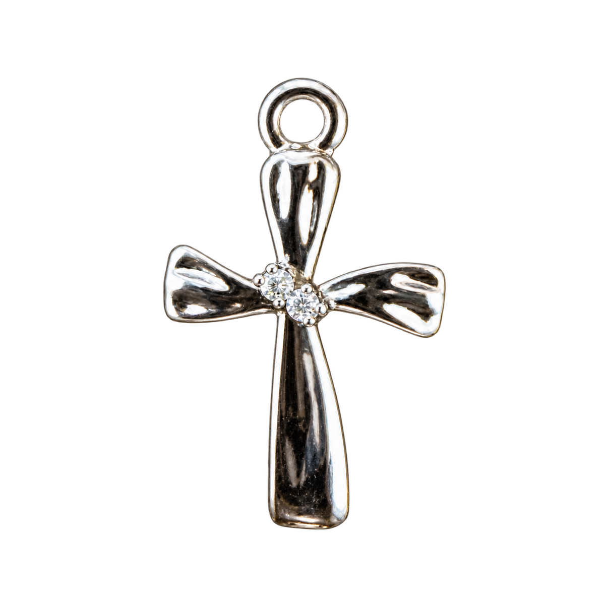 Silver and gold Tiny cross with center gem charm — natural silver charm on transparent background