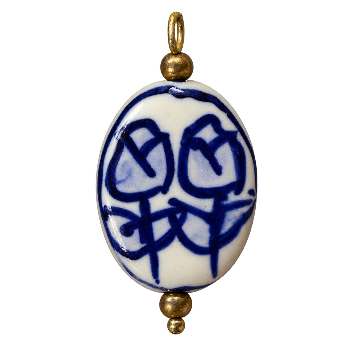 Flat oval blue floral ceramic charm on transparent background