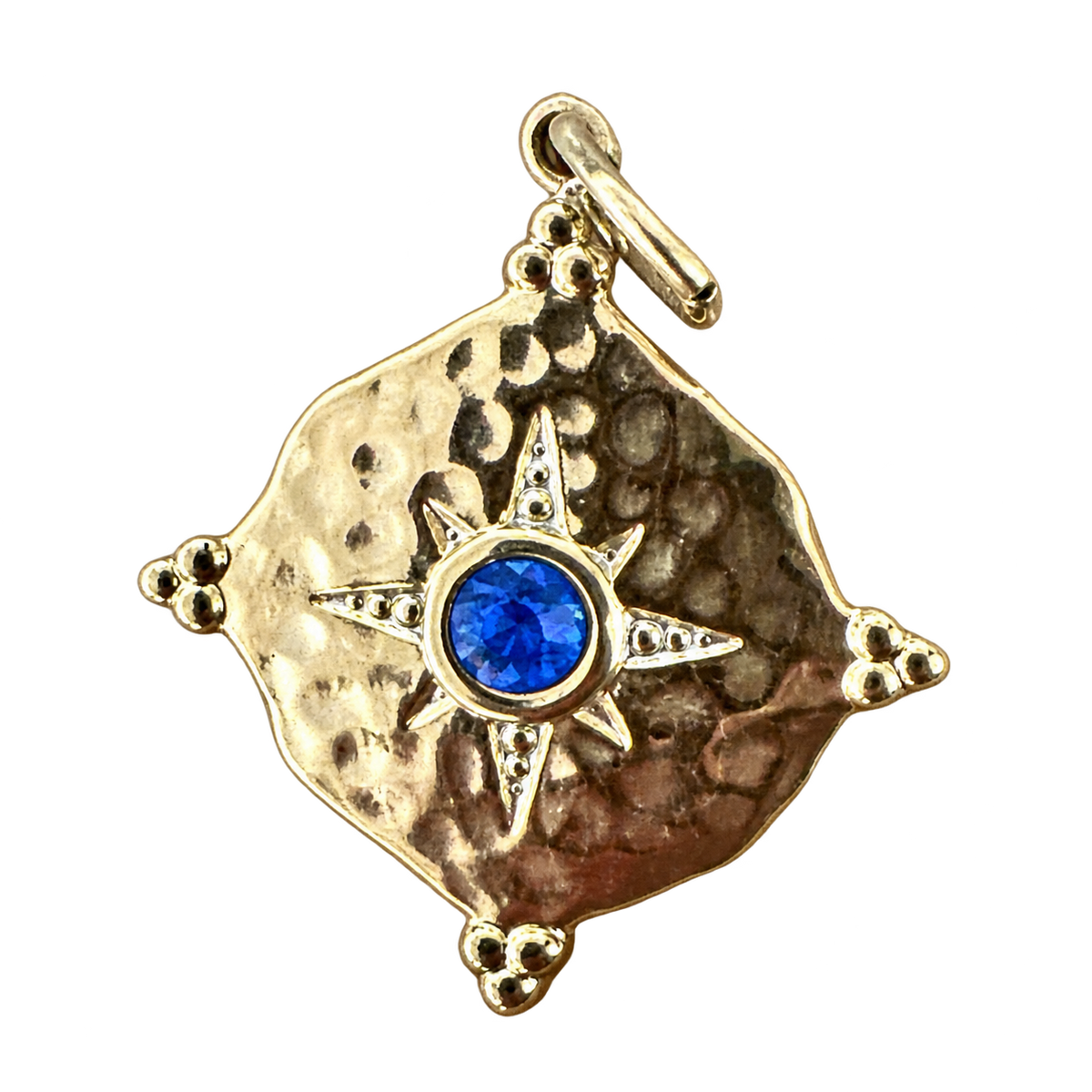 September royal blue compass birthstone charm, original pale gold finish, transparent background