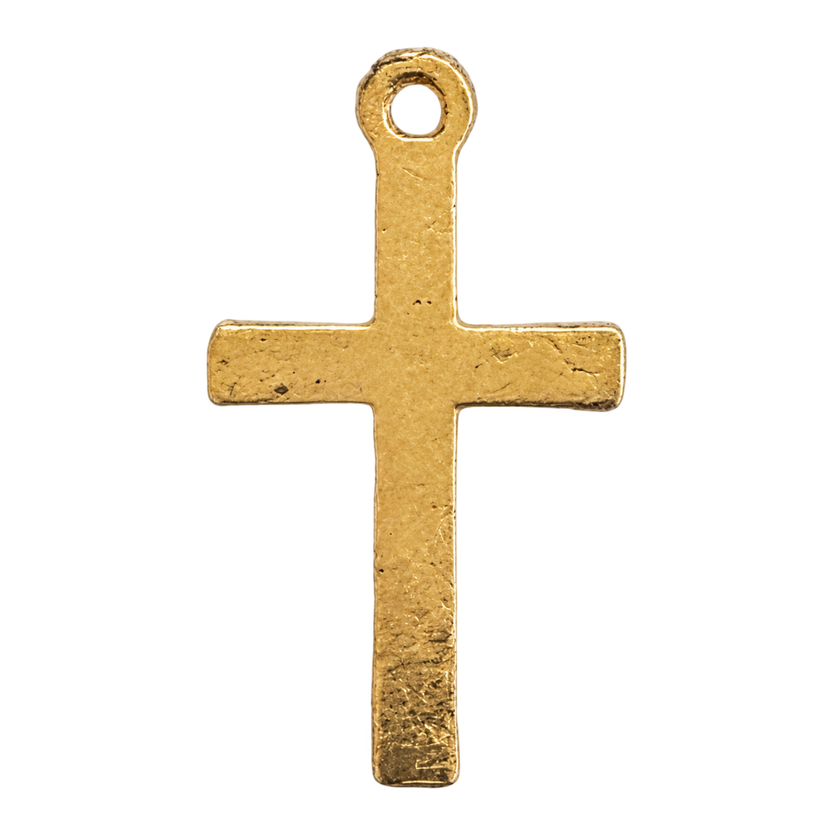 Brass cross charm, flat gold cross with round top hole, transparent background