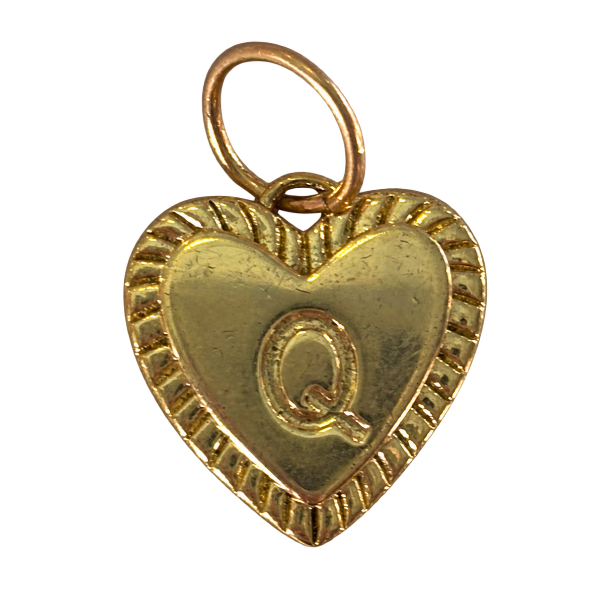 Gold heart filled letter Q charm on transparent background