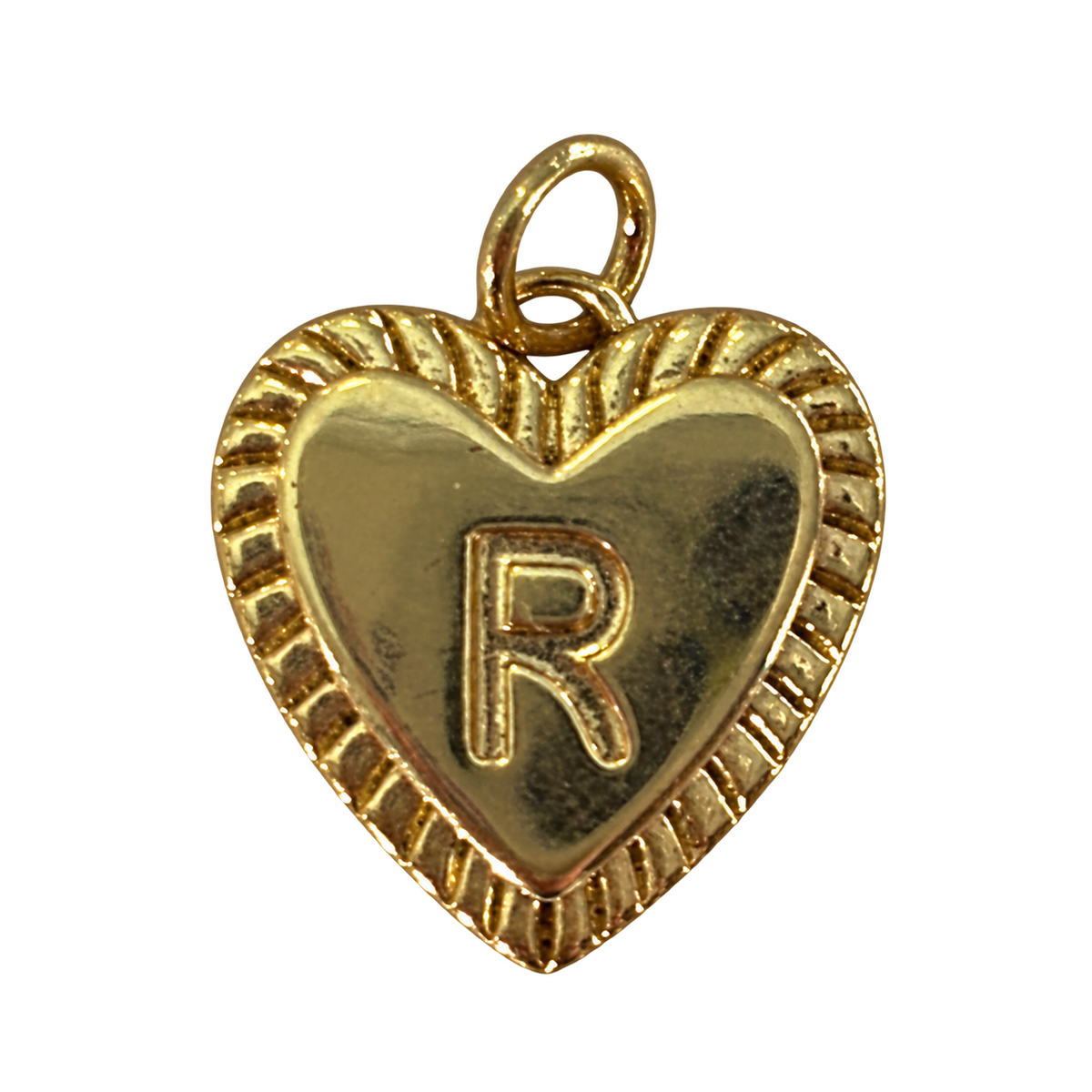 Gold heart filled letter R charm on transparent background