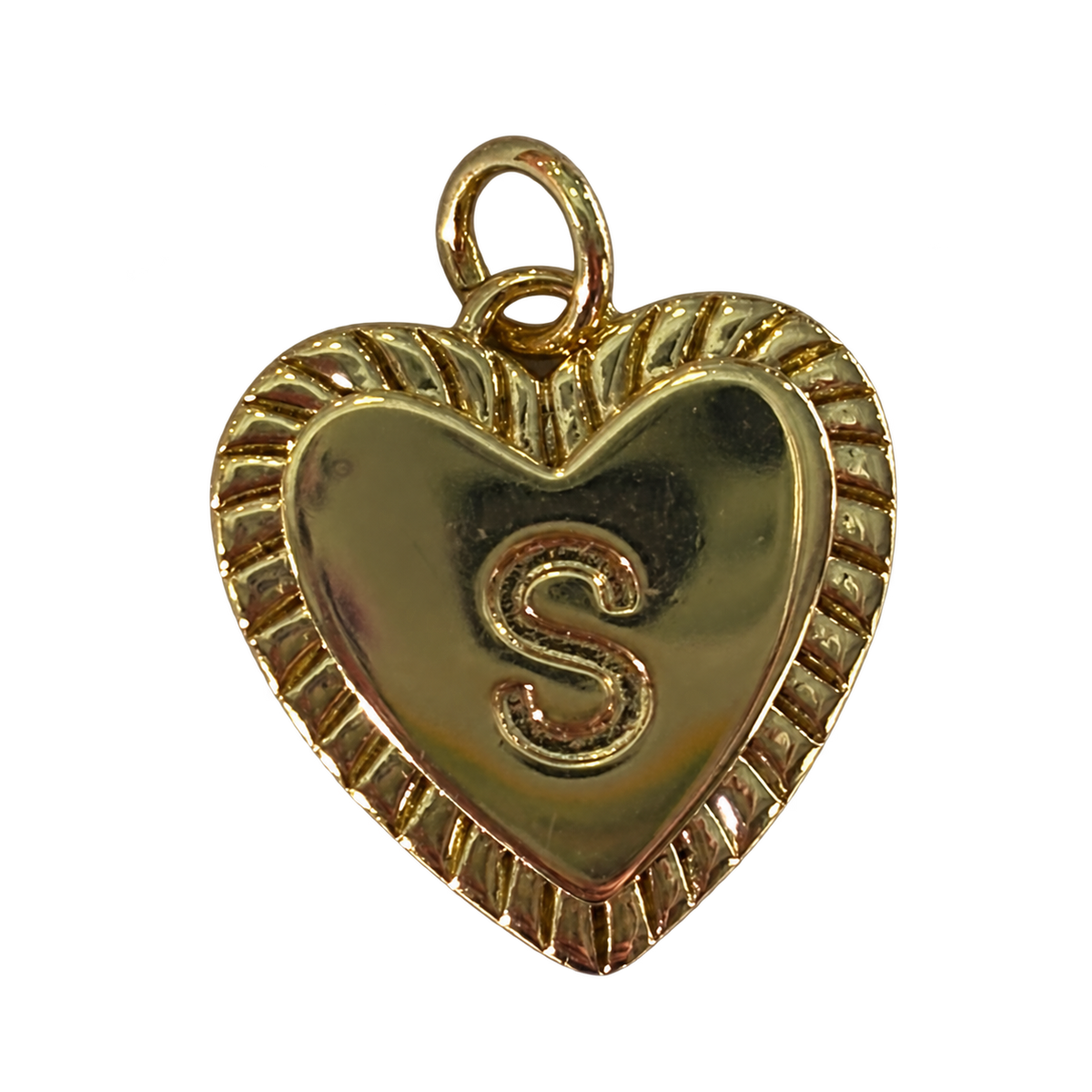 Gold heart filled letter S charm on transparent background