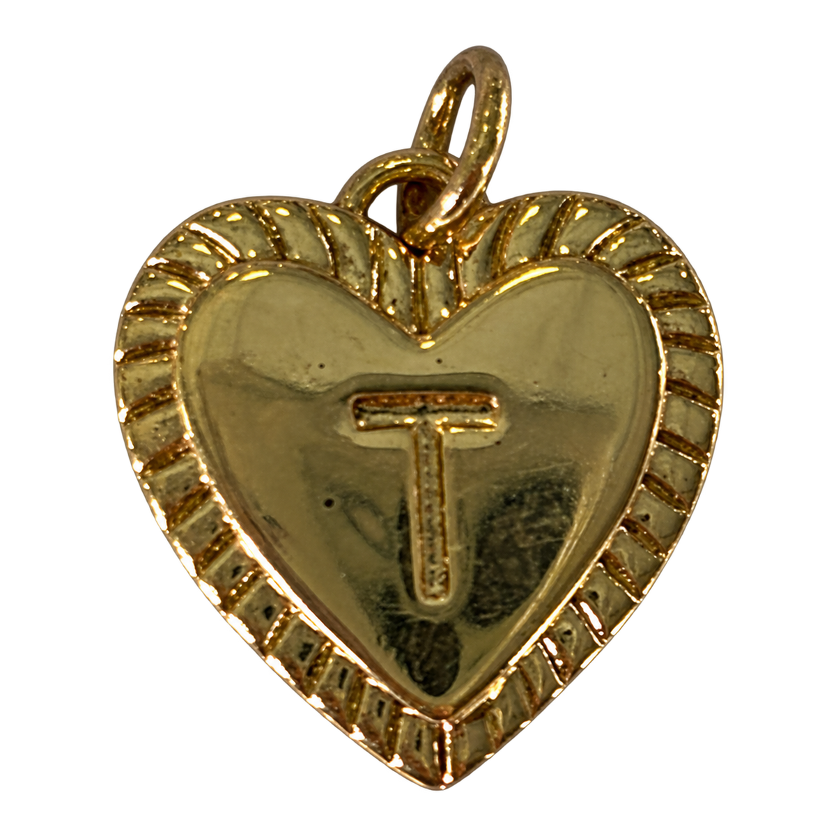 Gold heart filled letter T charm on transparent background