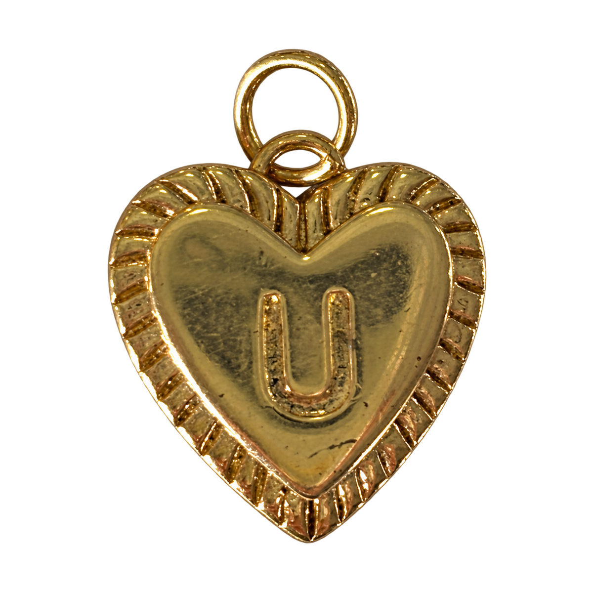 Gold heart filled letter U charm on transparent background