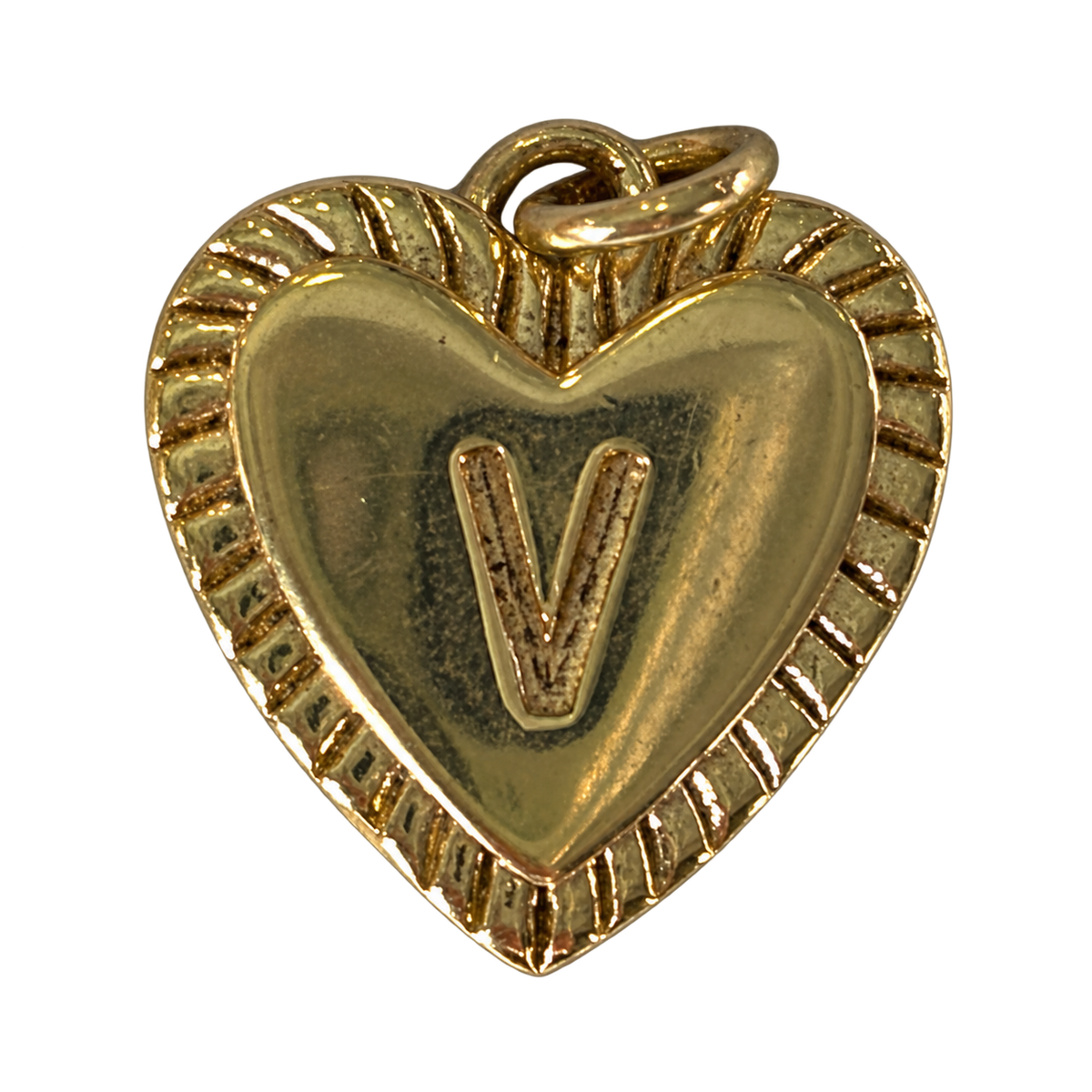 Gold heart filled letter V charm on transparent background