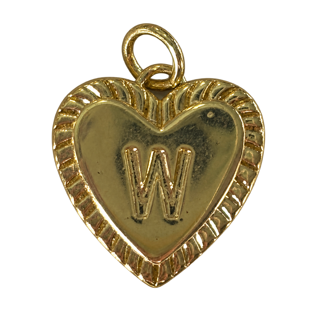 Gold heart filled letter W charm on transparent background