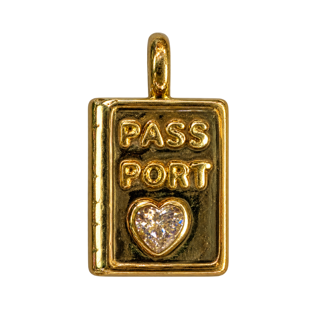 Gold Mini Passport charm with clear heart stone on transparent background