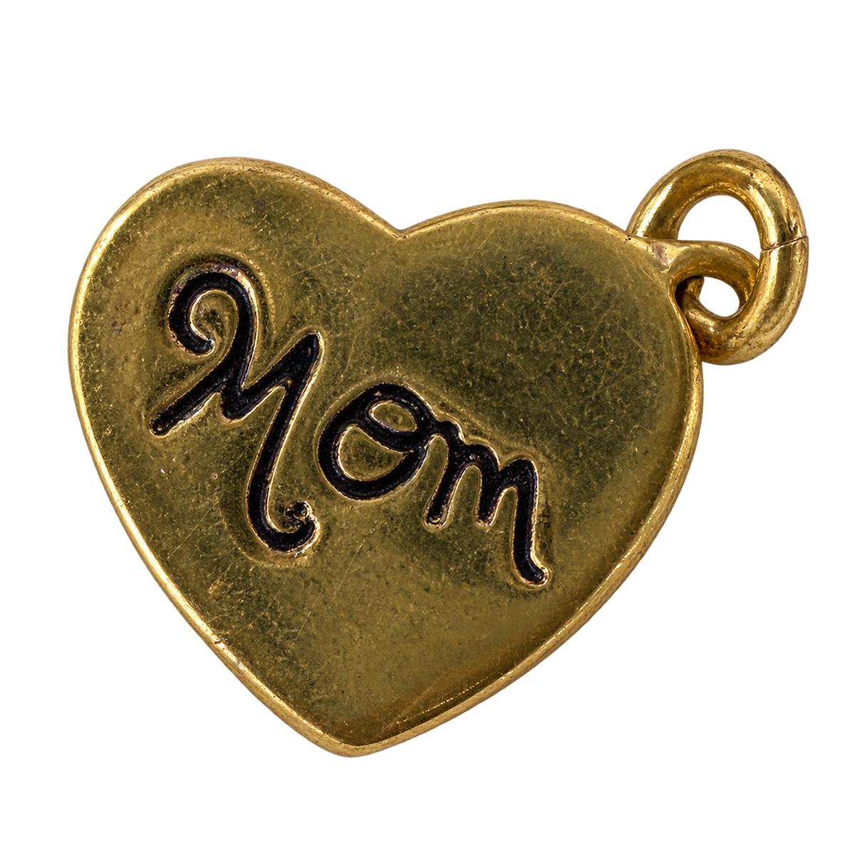 Gold Mom heart charm with black script, transparent background