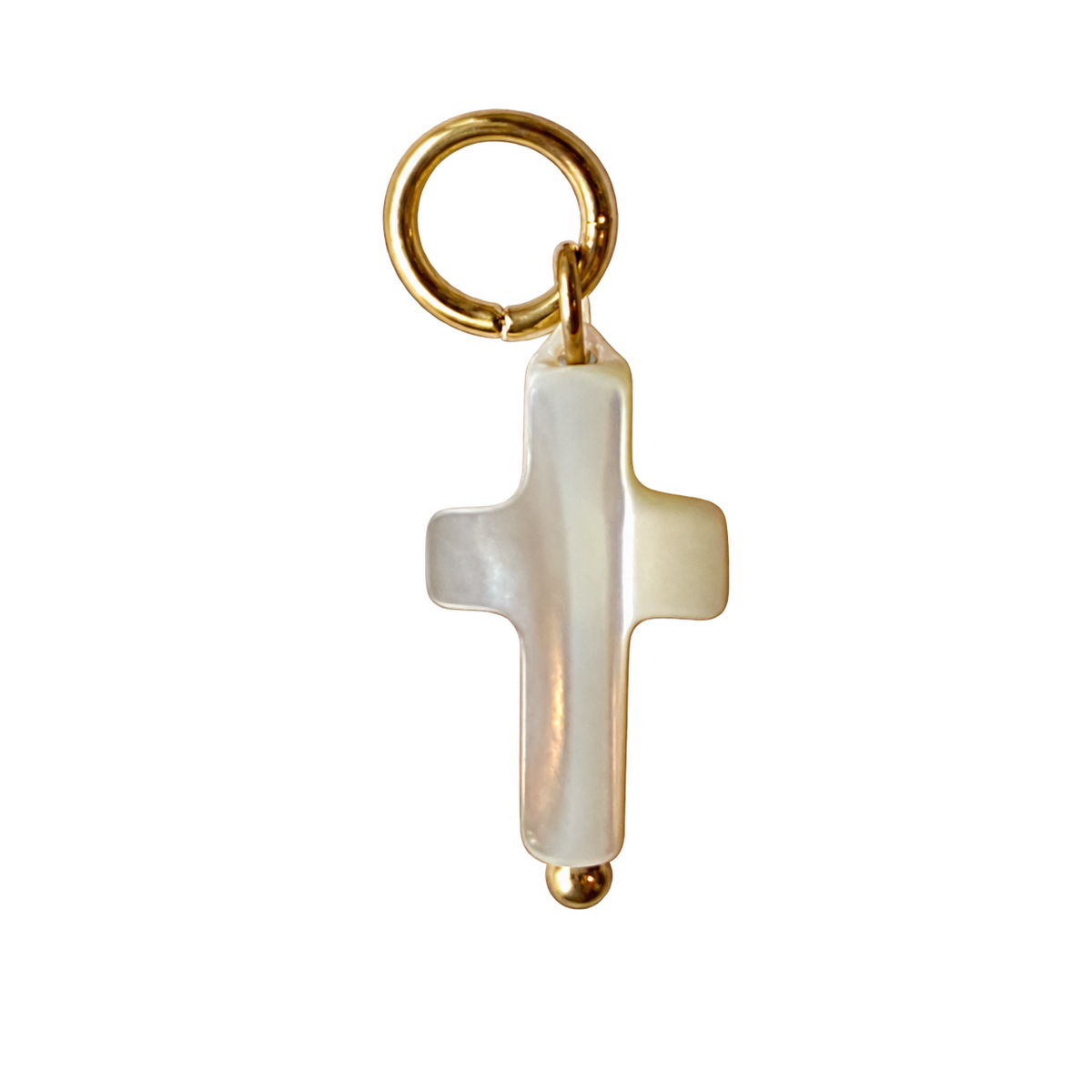 White Mother of Pearl Cross charm with natural color on transparent background