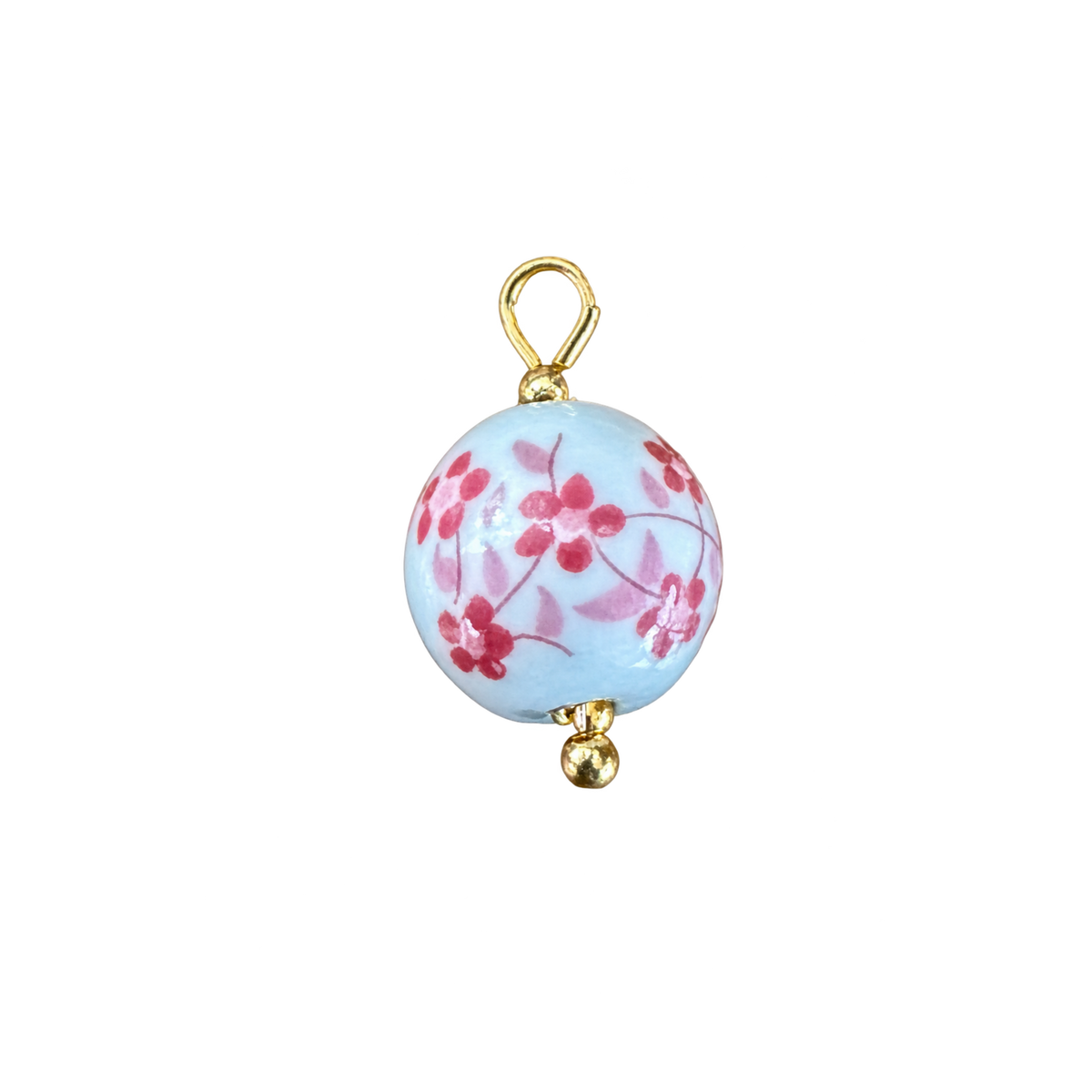 Pink flower round ceramic charm, natural transparent cutout