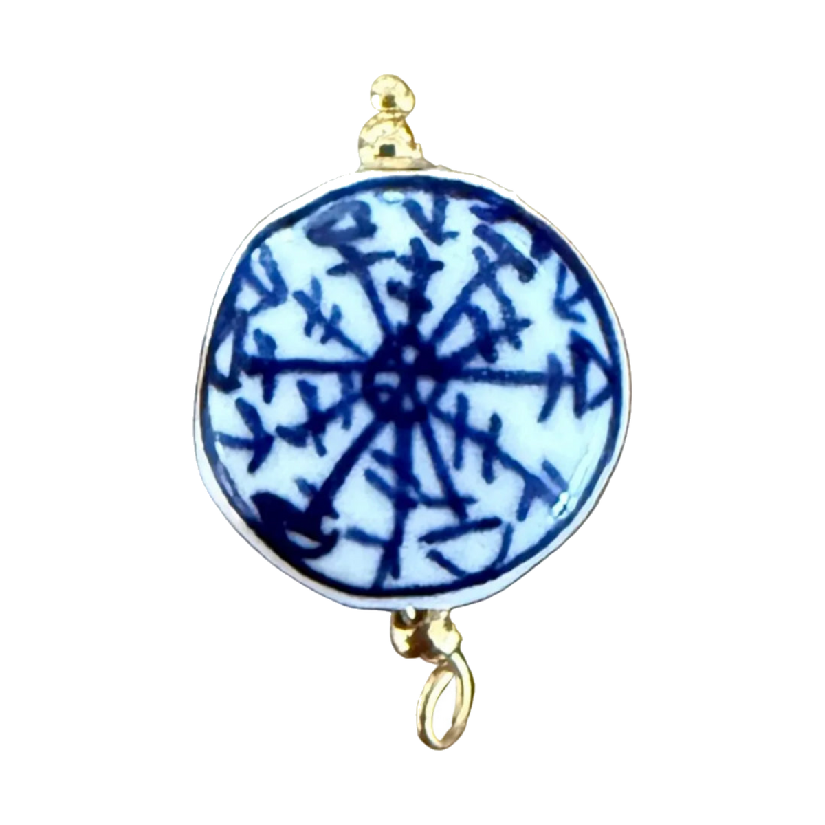 Round flat blue floral ceramic charm, natural transparent cutout