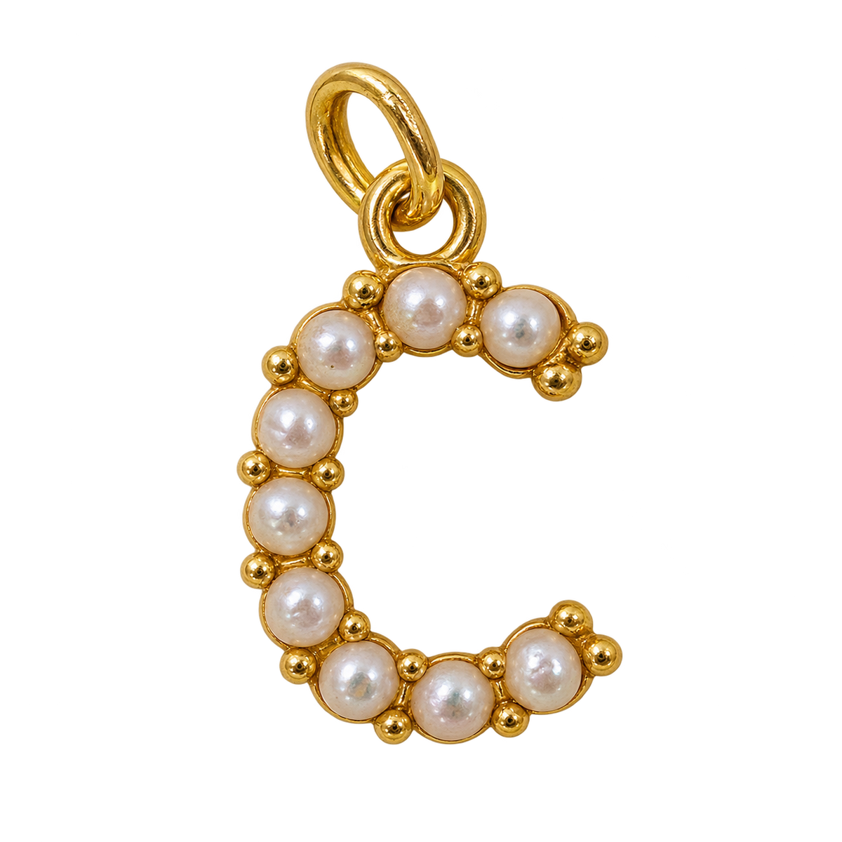 Pearl letter C charm with gold setting on transparent background