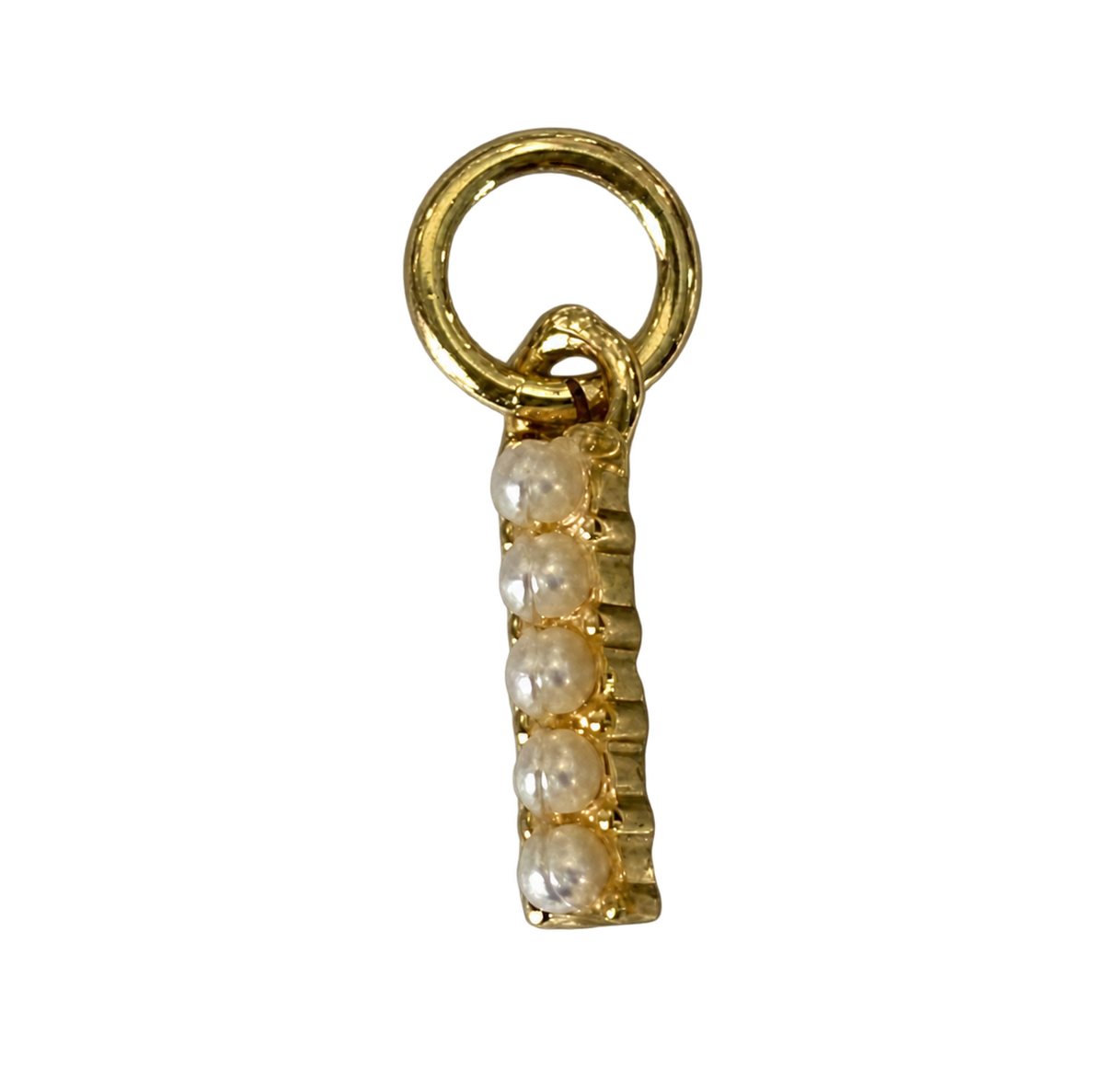 Gold pearl letter I charm on transparent background