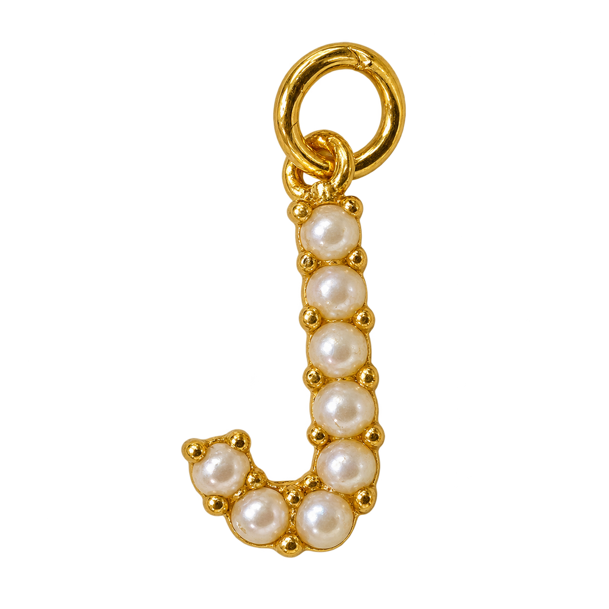 Pearl letter J charm with gold setting on transparent background