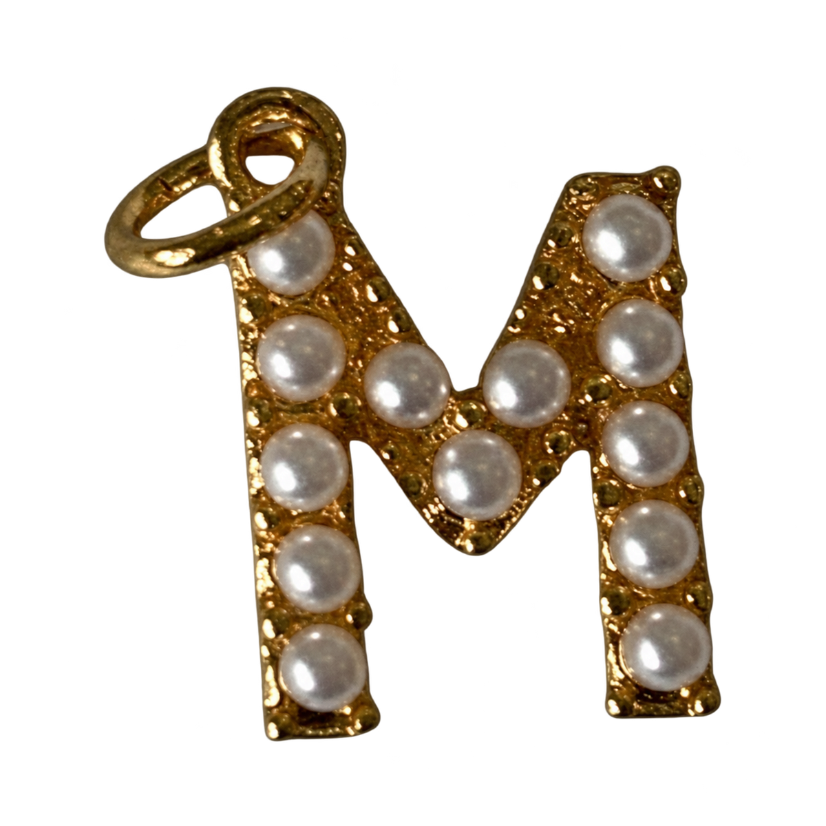 Gold pearl letter M charm on transparent background