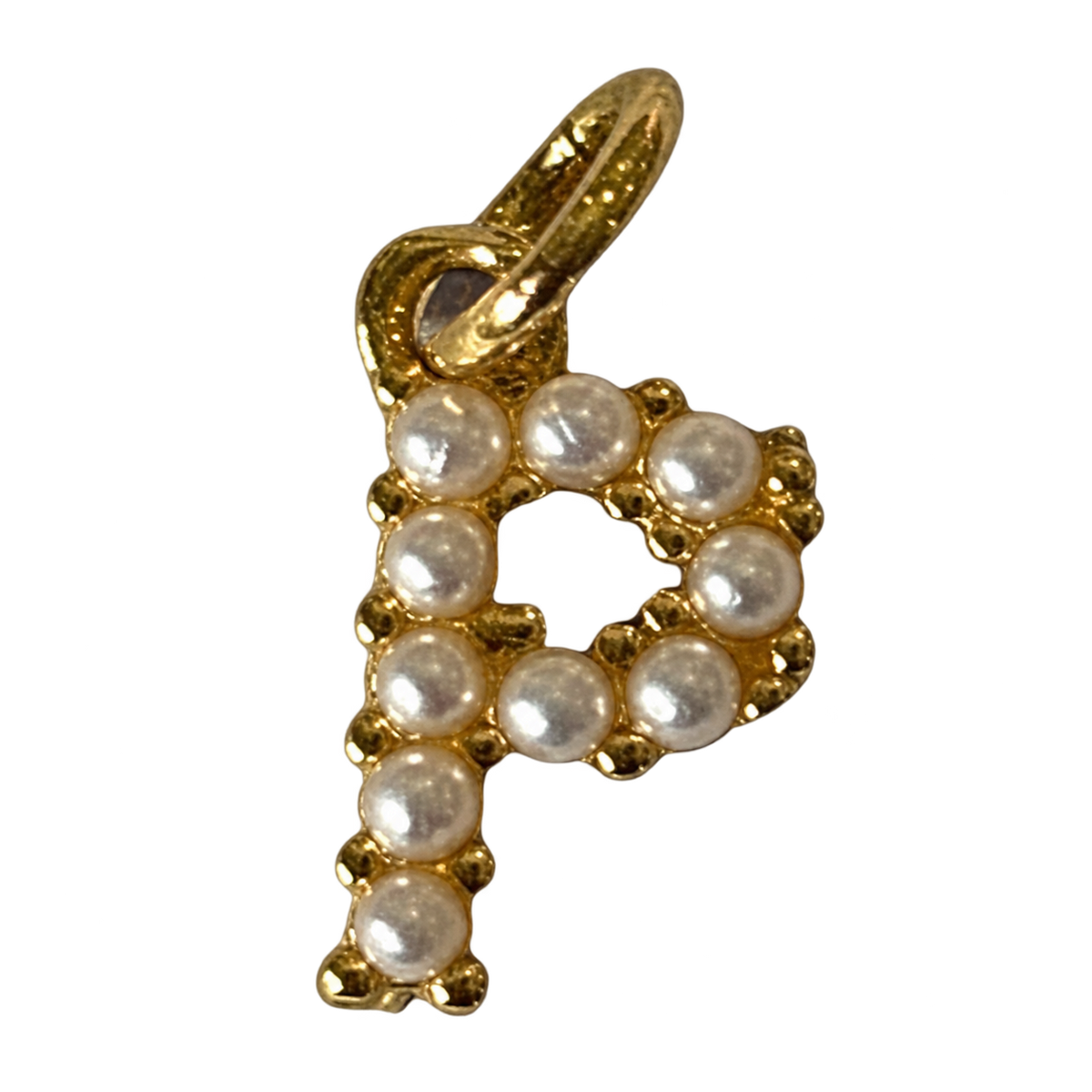 Gold pearl letter P charm on transparent background